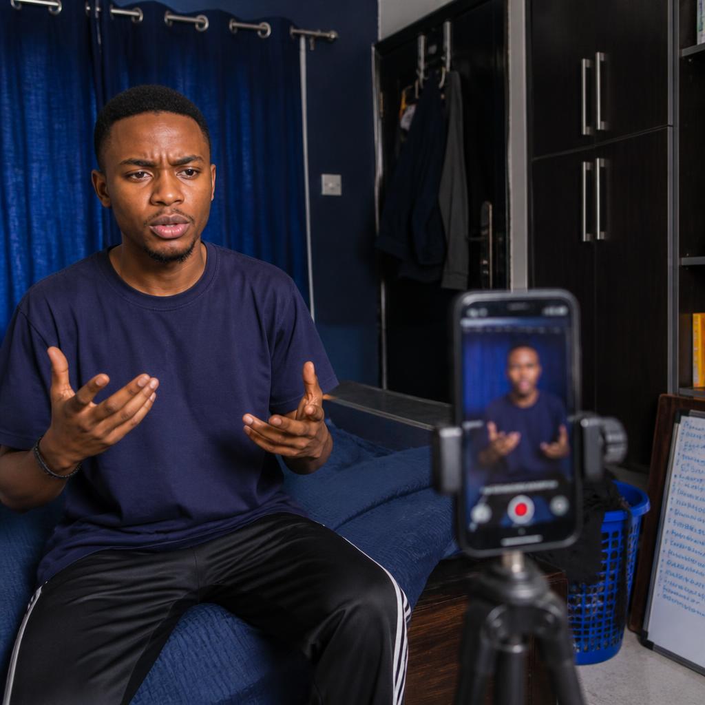 Young Nigerian filming video with smartphone