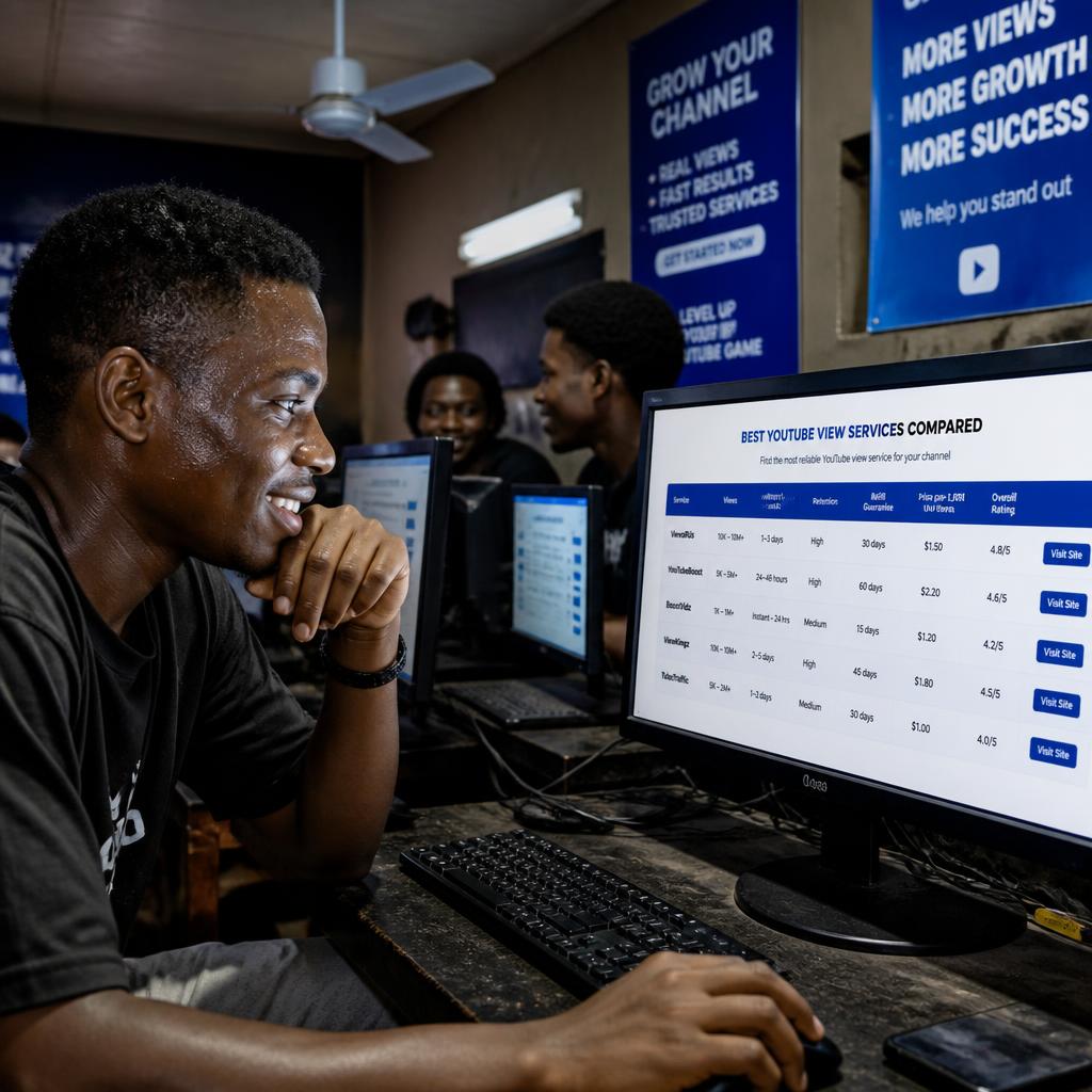 Nigerian youth researching YouTube view services