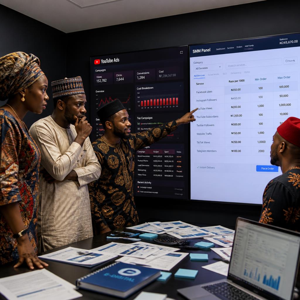 Nigerian entrepreneurs comparing YouTube Ads with SMM panel services