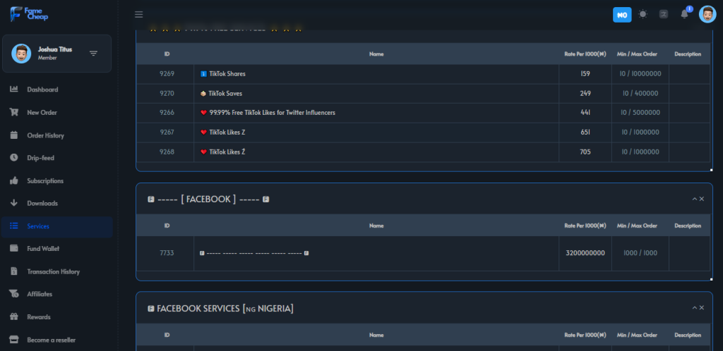 Screenshot of FameCheap package dashboard