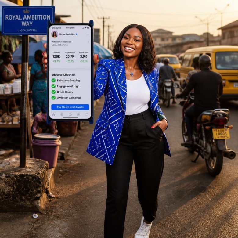 Nigerian influencer posing confidently with phone