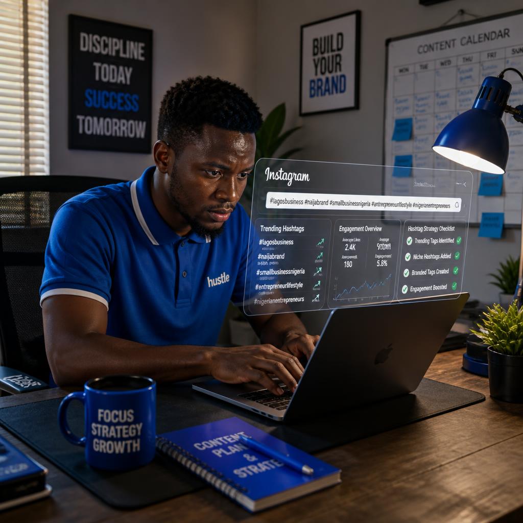 Nigerian entrepreneur typing hashtags