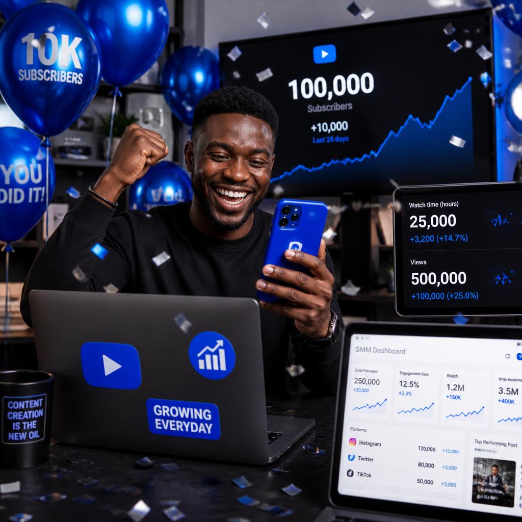 SMM dashboard showing YouTube stats: 100,000 subscribers (+10,000 last 28 days), watch time 25,000 hours (+3,200), views 500,000 (+100,000). Also total followers 250,000, engagement rate 12.5%, reach 1.2M.