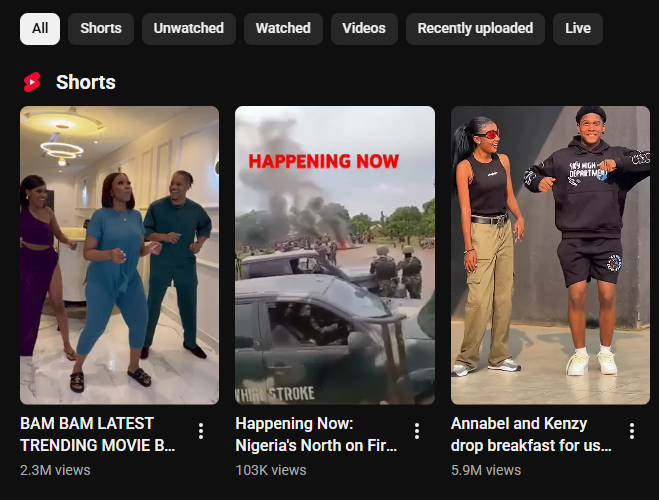 Screenshot of YouTube Shorts feed,