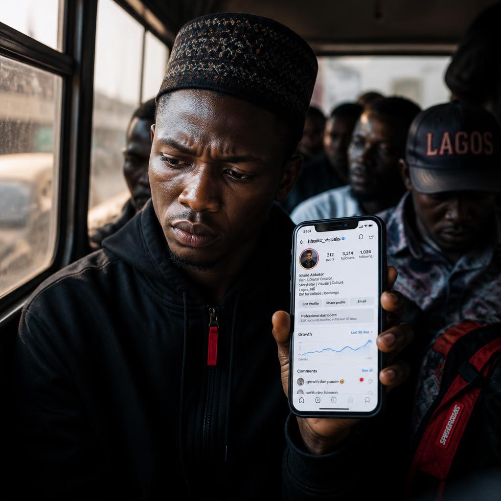 Naija youth checking phone for Instagram growth