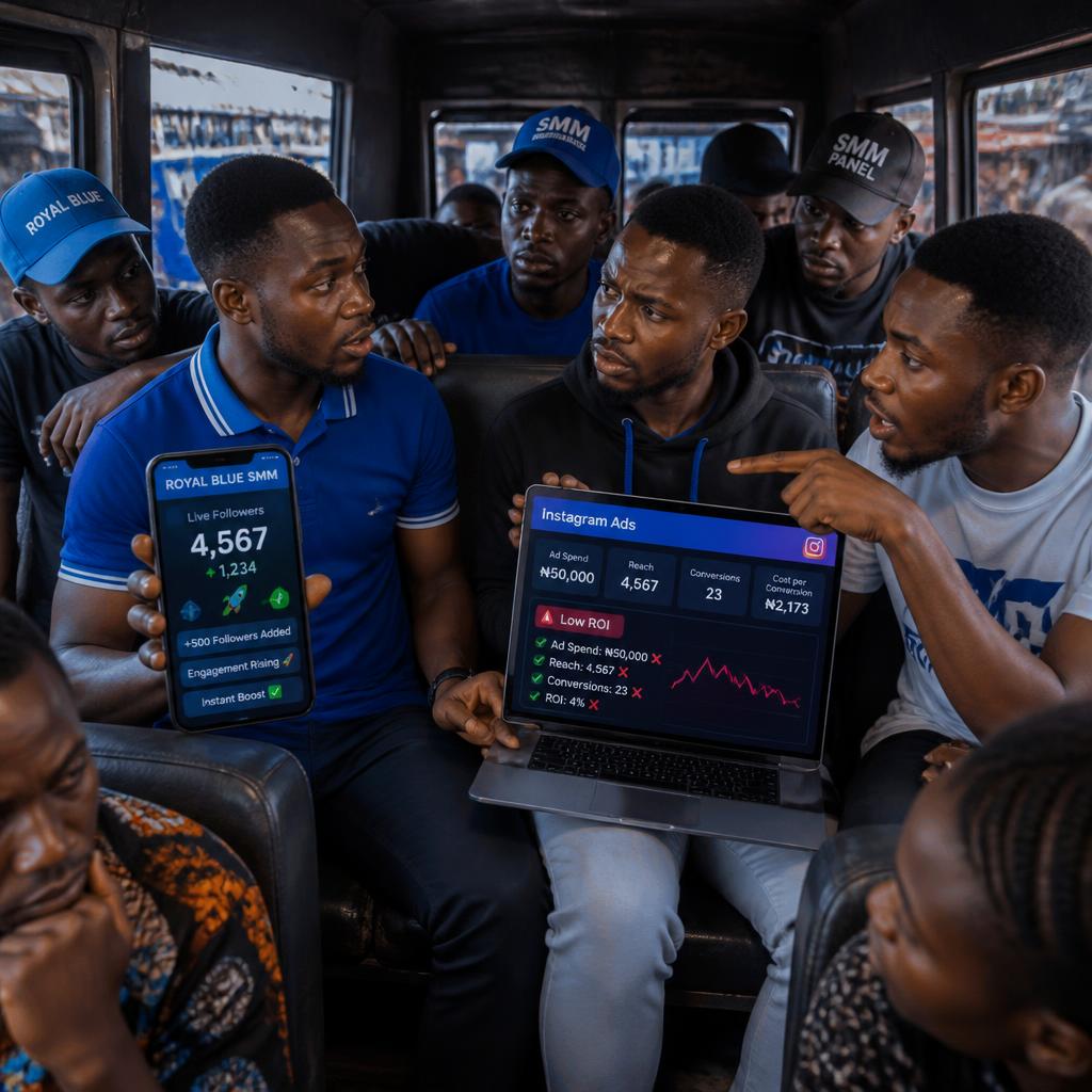 Nigerian creators debating SMM panel vs Instagram ads in Danfo bus