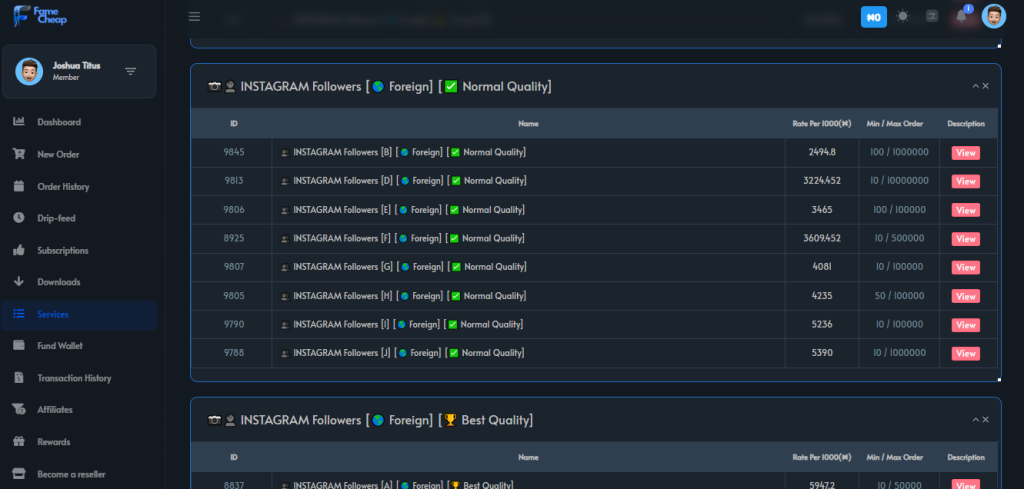 Screenshot of Famecheap dashboard