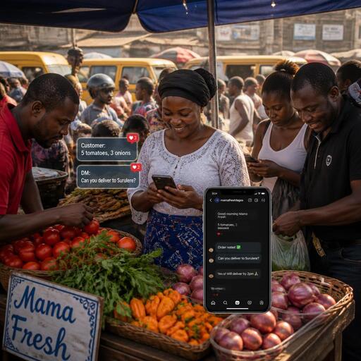Nigerian market woman engaging Instagram followers
