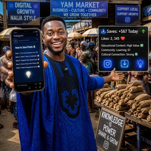 Nigerian marketplace scene with creator showing followers how to save posts