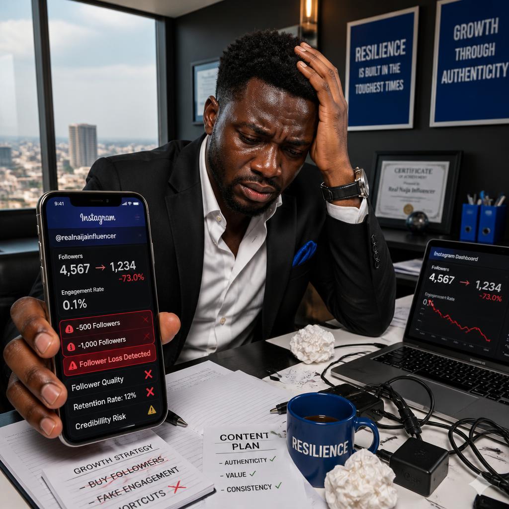 Frustrated Abuja influencer at office desk
