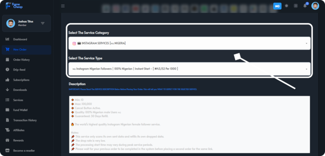 Service selection screenshot Famecheap