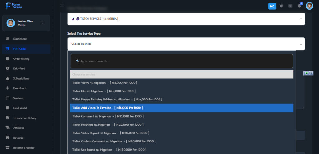 Screenshot of Famecheap package options