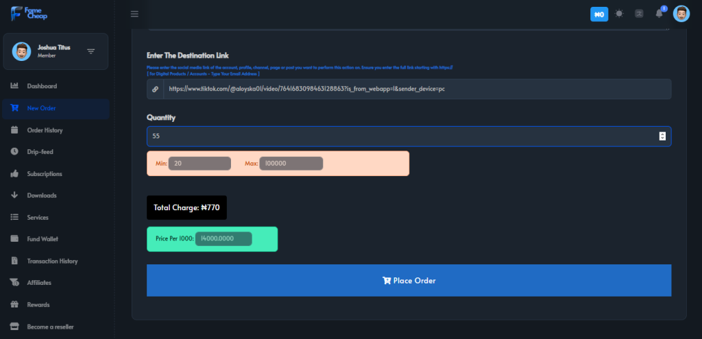 Famecheap Dashboard of follower delivery progress
