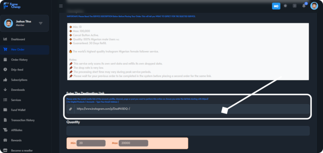 Famecheap link input screenshot