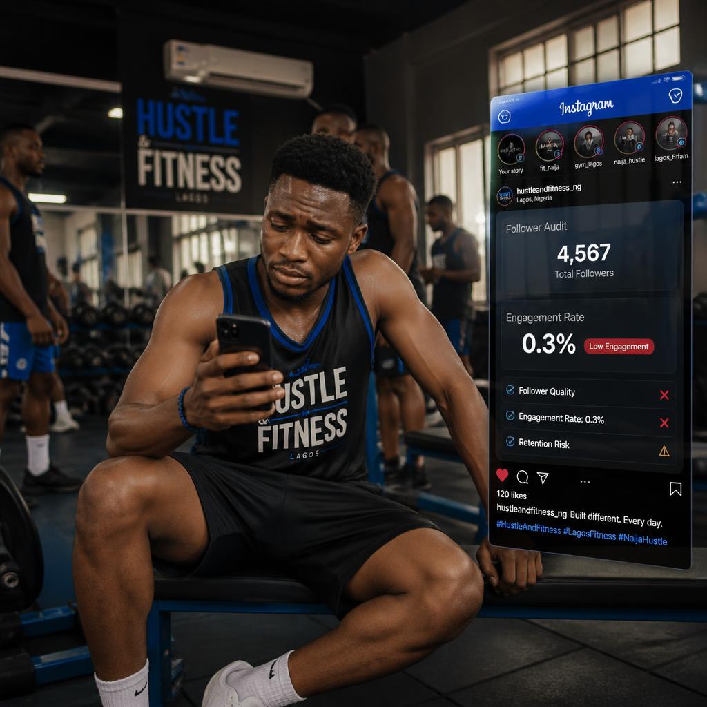 Naija youth at Lagos gym scrolling Instagram