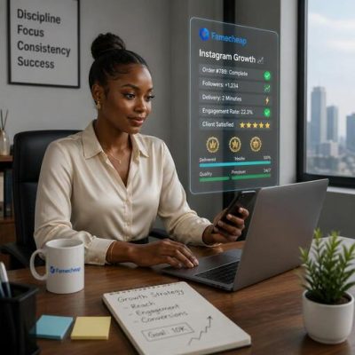 Nigerian creator at office desk checking SMM panel dashboard