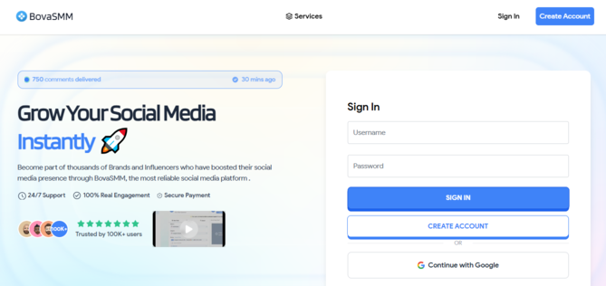 Screenshot of BovaSMM affordable TikTok services
