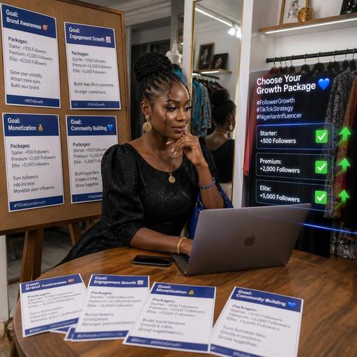 Nigerian influencer selecting TikTok follower package on laptop