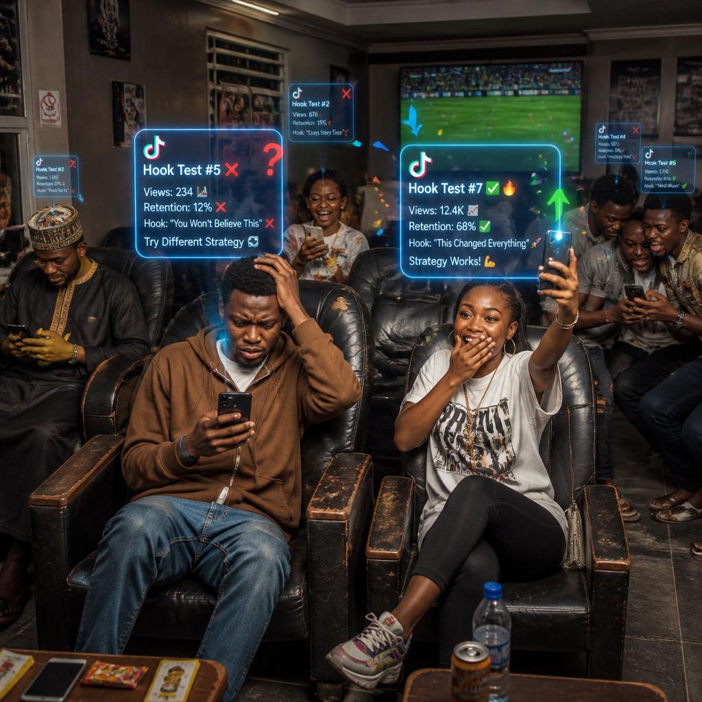 Students testing TikTok hooks in campus viewing center