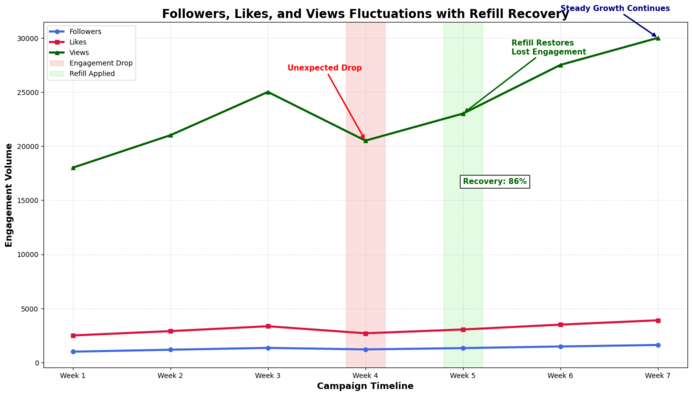 Line chart showing drops in followers and likes over time