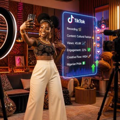 Nigerian TikTok creator filming video in colorful studio