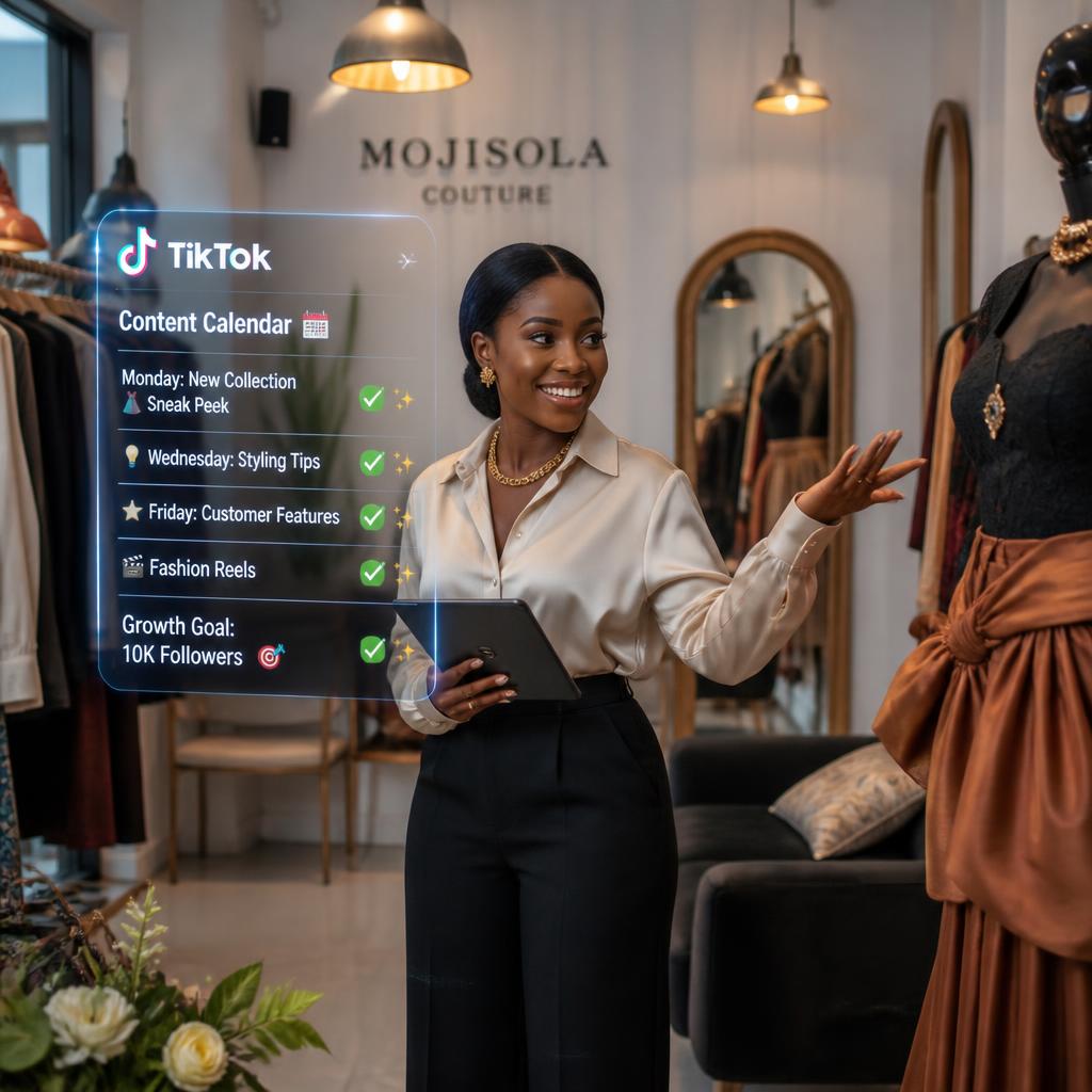 Nigerian boutique owner planning TikTok content strategy