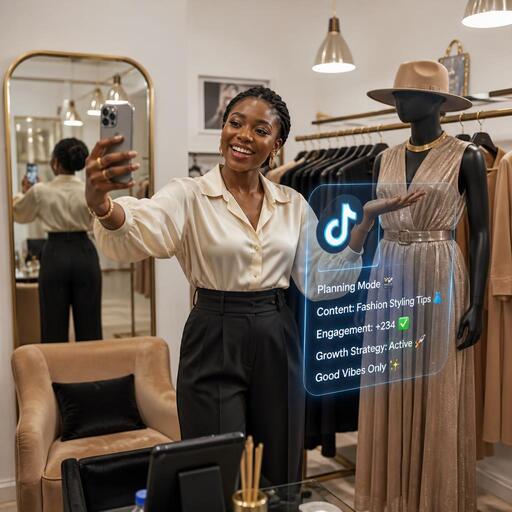 Nigerian content creator preparing TikTok videos in boutique