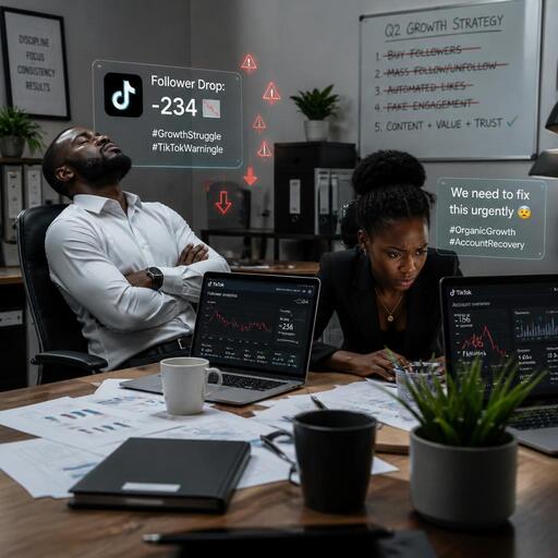 TikTok visibility restriction from fake followers in office desk scene