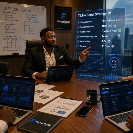 Nigerian entrepreneur strategizing TikTok boost in conference room