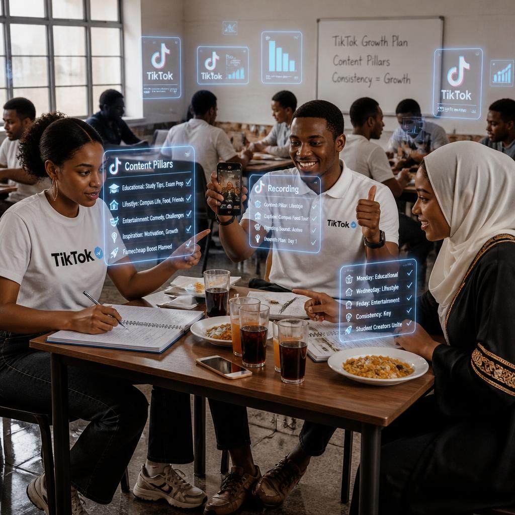 Students creating TikTok content plan in university dining hall