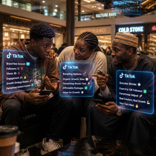 Young Nigerians discussing TikTok boost in busy market scene