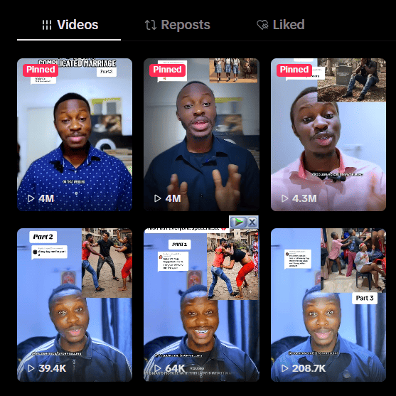 Screenshot showing pinned TikTok videos for sponsors