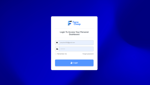 FameCheap login screen showing email and password fields, remember me checkbox, forgot password link, and blue login button on a dark blue gradient background.