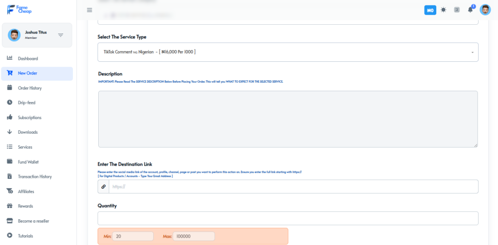 FameCheap New Order form showing selected TikTok Comment service, description box, and destination link field for entering the target social media URL.