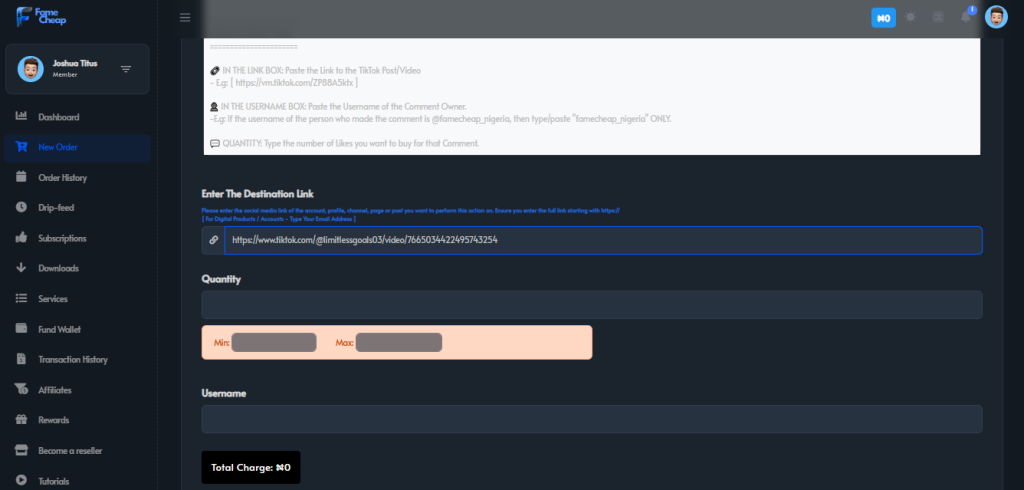 Screenshot showing TikTok video link entry.