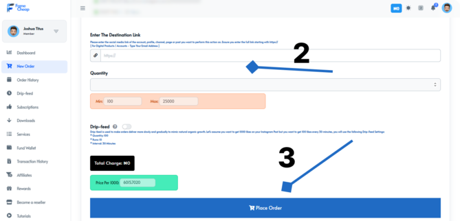 Screenshot of Famecheap SMM panel order process