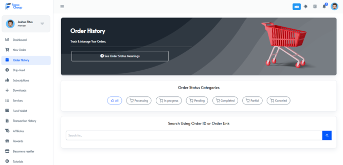 FameCheap dashboard Order History page displaying sidebar menu, order status category filters, and a search bar for finding orders by ID or link.