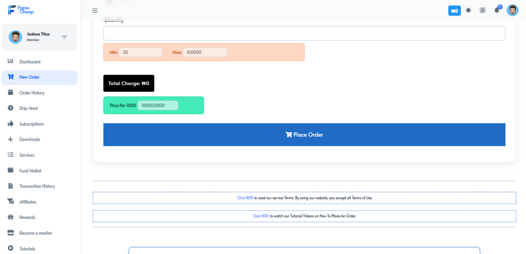 FameCheap New Order page showing quantity field, min/max limits, total charge, price per 1000, and a blue Place Order button