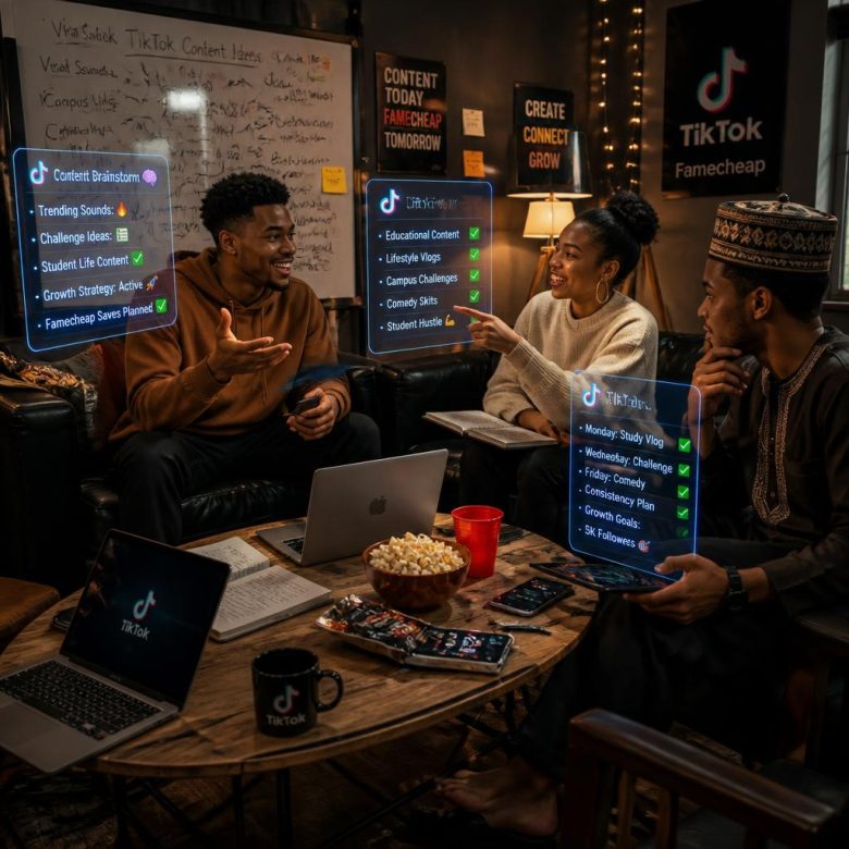 Nigerian student TikTok creators planning content in hostel lounge