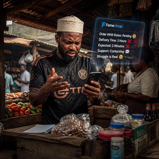 Frustrated Nigerian entrepreneur at market stall checking SMM order