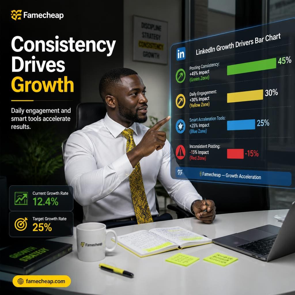 Bar chart of posting consistency, engagement, and tools impact on LinkedIn growth