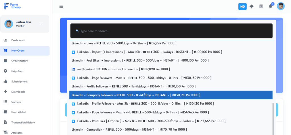 Table chart showing different Famecheap LinkedIn follower package options