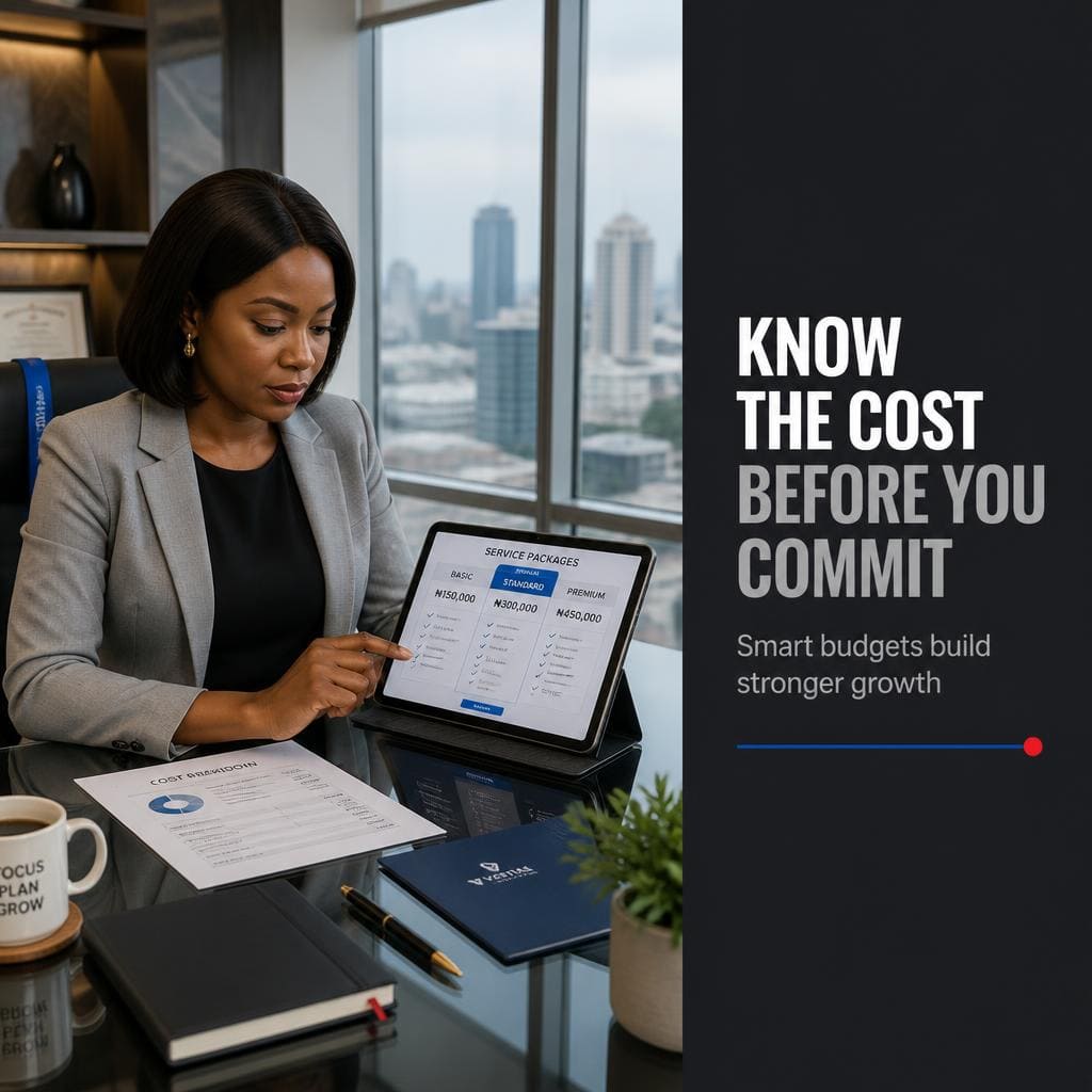 Businesswoman analyzing social media service pricing on tablet