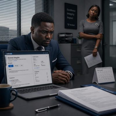 Fake LinkedIn followers and recruiter trust issues in office setting