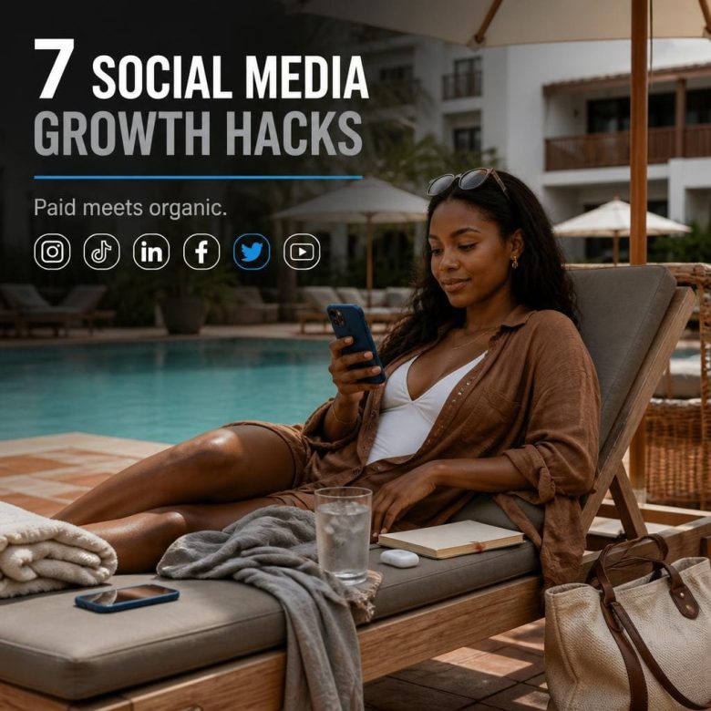 Nigerian influencer managing social media growth services with Famecheap on smartphone