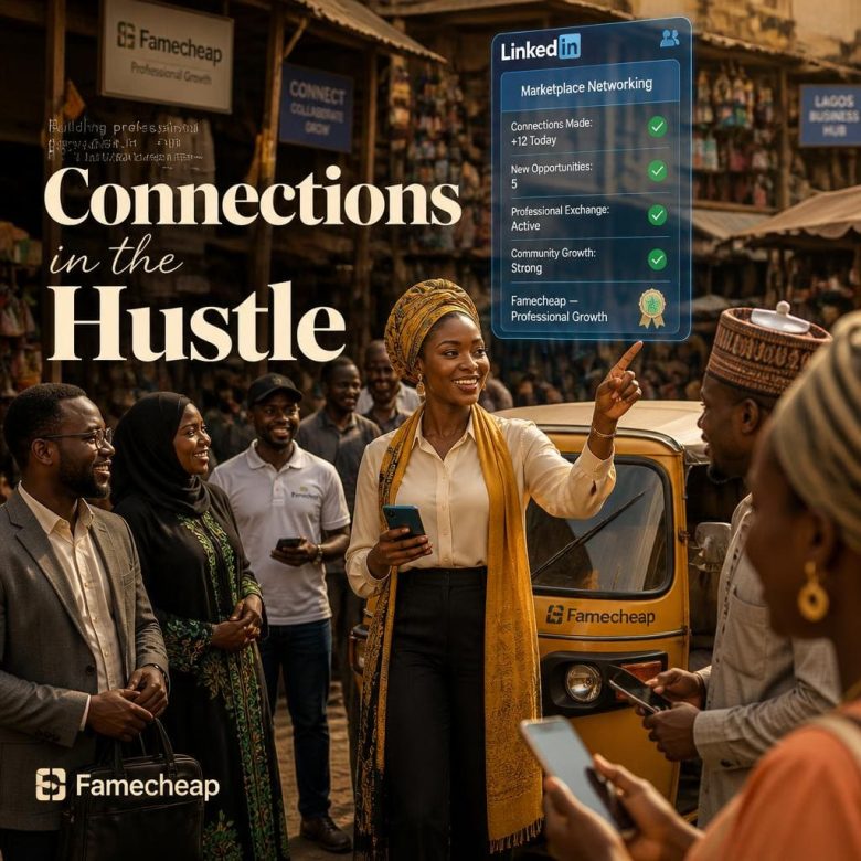 Nigerian professionals networking in a busy market environment