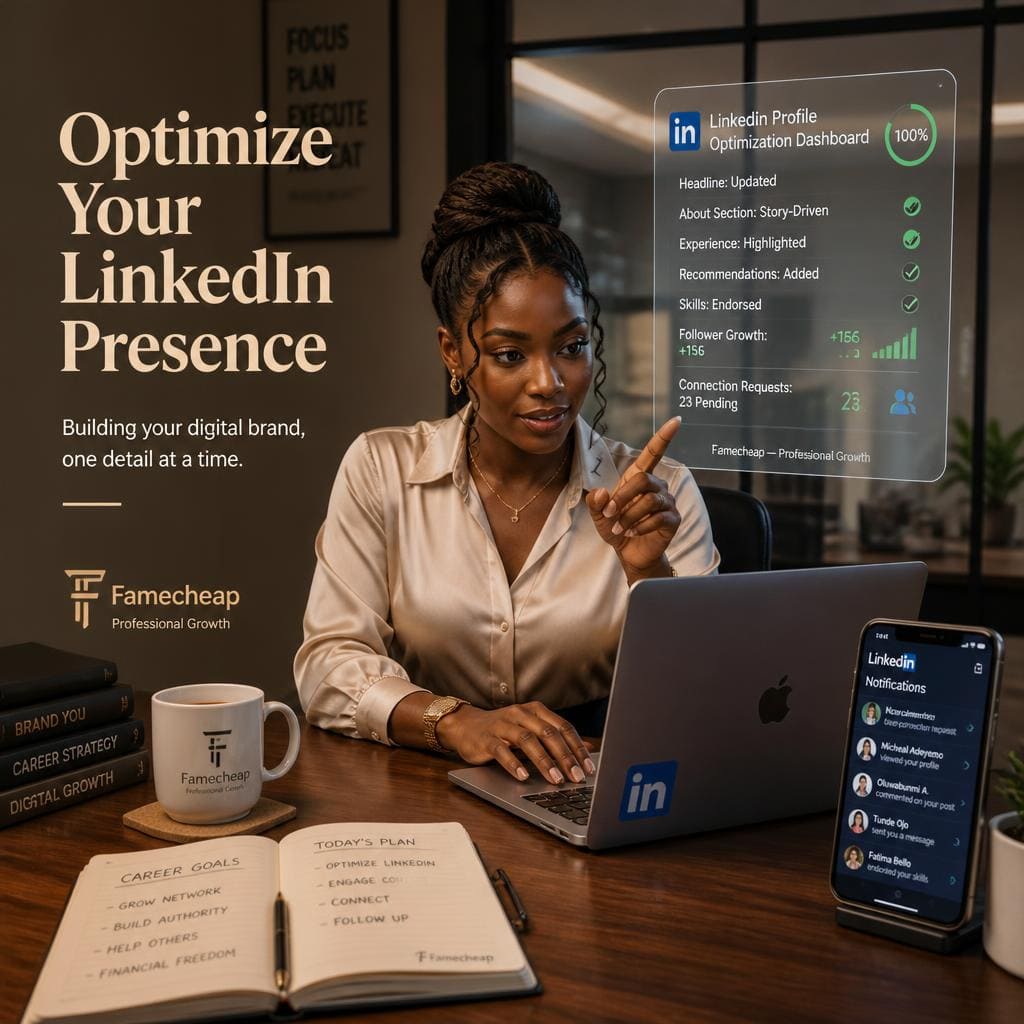 Nigerian professional working on LinkedIn profile optimization at office desk
