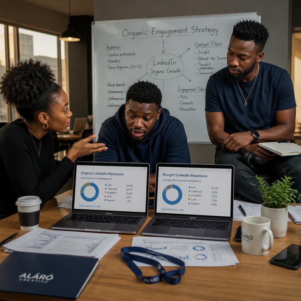 Nigerian workers analyzing organic LinkedIn likes strategy