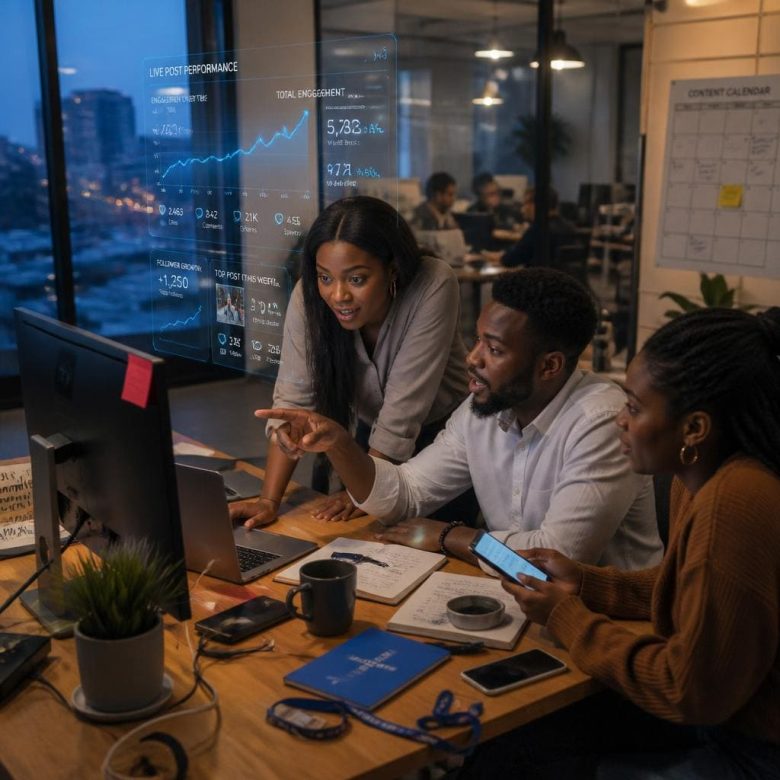 Nigerian users engaging on social platform with growth infographics