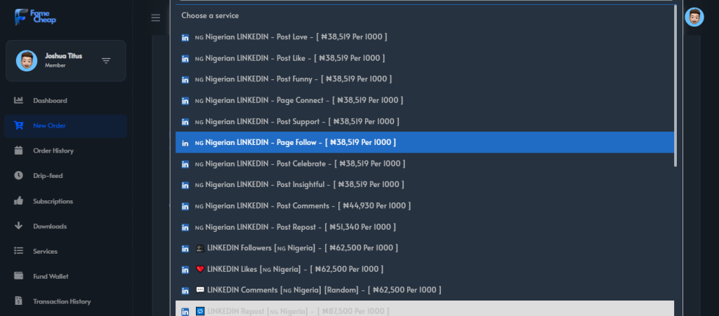 Comparison table of Famecheap LinkedIn packages Nigeria